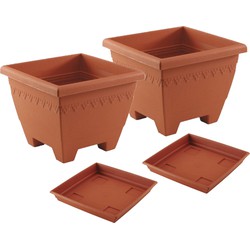 4x stuks vierkante plantenbakken terra cotta met opvangschaal 30 x 30 x 23 cm - Plantenbakken