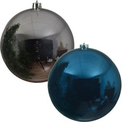 Kerstversieringen set van 6x grote kunststof kerstballen blauw en zilver 14 cm glans - Kerstbal