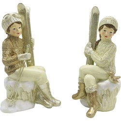 Clayre & Eef Beeld Set van 2 Kinderen 18 cm Beige Goudkleurig Kunststof