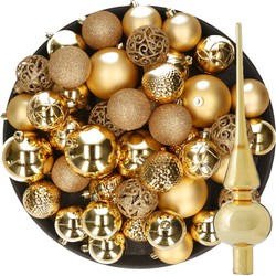 Kerstversiering kunststof kerstballen met piek goud 6-8-10 cm pakket van 37x stuks - Kerstbal