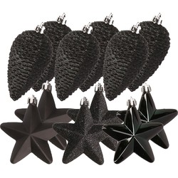 Dennenappels en sterren kerstornamenten - 12 stuks - kunststof - zwart - Kersthangers