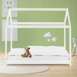 Kinderbed Huisbed 80x160 cm wit gemaakt van dennenhout Houten bed met dak en lattenbodem ML design