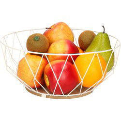 Fruitschaal/fruitmand rond wit metaal/hout 28 cm - Fruitschalen