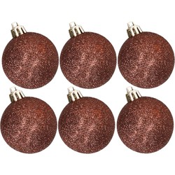 6x stuks kunststof glitter kerstballen donkerbruin 6 cm - Kerstbal