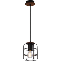 Hanglamp industrieel met een metalen gaaskap | Houten paneel | E27 | Zwart