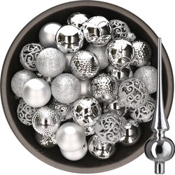 37x stuks kunststof kerstballen 6 cm incl. glazen piek glans zilver - Kerstbal