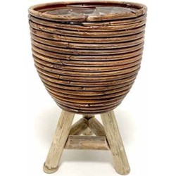 Bloempot Met Houten Poten Rotan Stripe D18H28Cm Brons