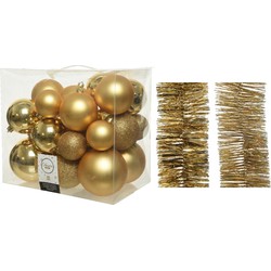 Kerstversiering kunststof kerstballen 6-8-10 cm met folieslingers pakket goud van 28x stuks - Kerstbal