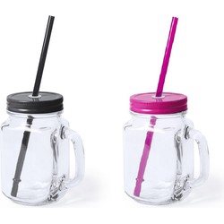 6x stuks drink potjes van glas Mason Jar zwart/roze 500 ml - Drinkbekers