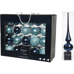 42x stuks glazen kerstballen ijsblauw (blue dawn)/donkerblauw 5-6-7 cm inclusief donkerblauwe piek - Kerstbal