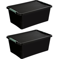 Opslagbox met deksel kunststof 60 liter 58 x 39 x 35 cm zwart 2x stuks - Opbergbox