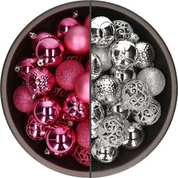 74x stuks kunststof kerstballen mix van fuchsia roze en zilver 6 cm - Kerstbal