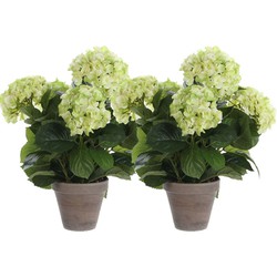 2x Groene hortensia kunstplanten 45 cm met grijze pot - Kunstplanten