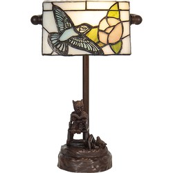 LumiLamp Bureaulamp Bankierslamp Tiffany  15x33 cm Beige Blauw Polyresin Glas Vogel Tafellamp