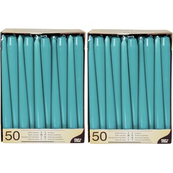 100x stuks dinerkaarsen turquoise blauw 25 cm - Dinerkaarsen