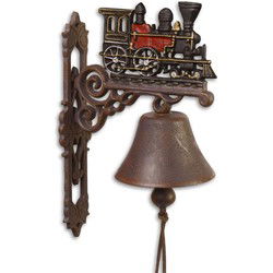 A PAIR OF CAST IRON RED TRAIN BELLS