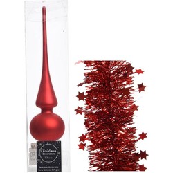 Kerstversiering glazen piek mat 26 cm en sterren folieslingers pakket rood van 3x stuks - kerstboompieken