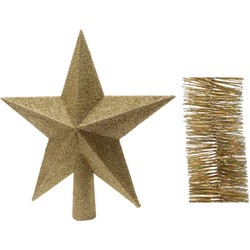 Kerstversiering kunststof glitter ster piek 19 cm en glitter folieslingers pakket goud van 3x stuks - kerstboompieken