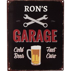 Clayre & Eef Tekstbord  20x25 cm Zwart Ijzer Bierglas Ron's Garage Wandbord