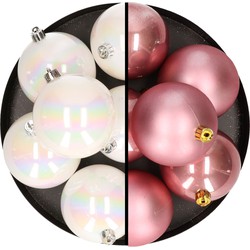 12x stuks kunststof kerstballen 8 cm mix van parelmoer wit en velvet roze - Kerstbal