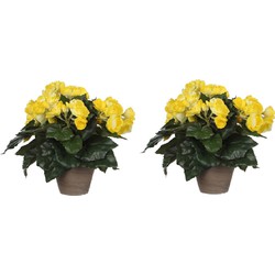 2x stuks gele Begonia kunstplant 30 cm in grijze pot - Kunstplanten