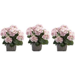 3x Roze kunstplant Hortensia plant in mand - Kunstplanten