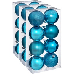 24x stuks kerstballen turquoise blauw glans en mat kunststof 7 cm - Kerstbal