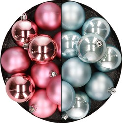 Kunststof kerstballen 6 cm - 24 stuks - roze en lichtblauw - Kerstbal