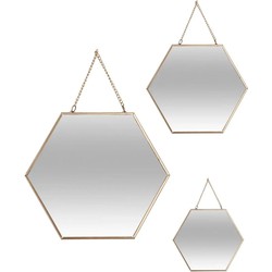 Set van 3x spiegels/wandspiegels hexagon metaal goud met ketting - Spiegels