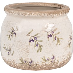 Clayre & Eef Bloempot Binnen  Ø 12x10 cm Beige Blauw Keramiek Olijven Plantenpot