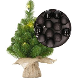 Mini kerstboom/kunstboom met verlichting 45 cm en inclusief kerstballen zwart - Kunstkerstboom