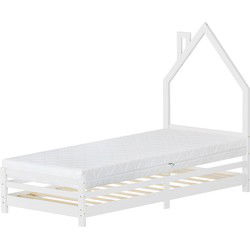 Kinderbed huis 90x200 cm wit met matras H:16cm houten bed voor kinderen met lattenbodem schoorsteen design ML-Design