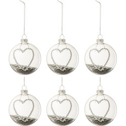 J-line - Doos Van 6 Kerstballen Hart Strass Zilver Sterretjes Glas Klaar Small - 8x8x8cm