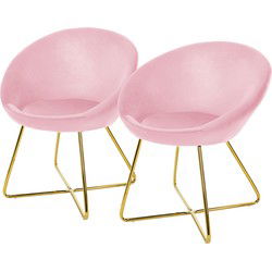 Eetkamerstoel set van 2 met ronde rugleuning roze fluweel met goudkleurige metalen poten ML-Design