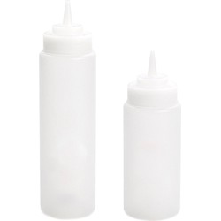 Doseerfles/sausfles - set 2x - 500/700 ml - met schenktuit - transparant - 18 en 20 cm - Maatbekers