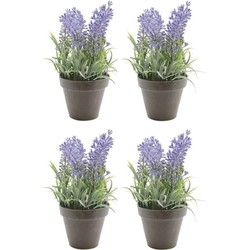 Bellatio Kunstplant - 4x stuks - lavendel - paars - 17 cm - in pot - lavandula - Kunstplanten