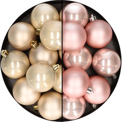 24x stuks kunststof kerstballen mix van lichtroze en champagne 6 cm - Kerstbal