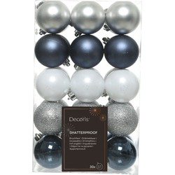 Decoris kerstballen - 30x - donkerblauw/wit/zilver - 6 cm -kunststof - Kerstbal