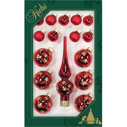 Luxe rode glazen mini kerstballen en piek set voor mini kerstboom 16-dlg - Kerstbal
