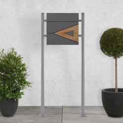 Staande brievenbus met krantenvak 37x36,5x11 cm antraciet/houtlook gemaakt van staal ML design, modern driehoekig ontwerp, stahoogte 120cm zilver dubbele voet