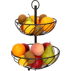 Dubbele etagere fruitschaal/fruitmand rond zwart metaal 27 x 39 cm - Fruitschalen