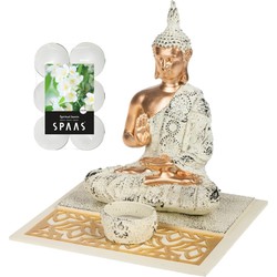 Boeddha beeld voor binnen 19 cm met 12x geurkaarsen Spiritual Jasmin - Beeldjes