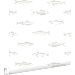 ESTAhome behang pentekening vissen wit en zilver - 0,53 x 10,05 m - 138966