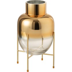 J-line - Vaas Cylinder Op Voet Glas Transparant/goud Small - 18x18x32cm