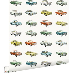 ESTAhome behang vintage auto's oranje, okergeel en groen - 53 cm x 10,05 m - 138732