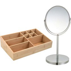MSV Make-up organizer 9 vaks en luxe spiegel set - 33 x 21 cm - bamboe/metaal - bruin/zilver - Make-up dozen