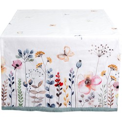 Clayre & Eef Tafelloper  50x140 cm Wit Groen Katoen Rechthoek Bloemen Tafelkleed