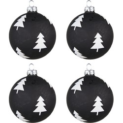 Clayre & Eef Kerstbal Set van 4  Ø 8 cm Zwart Wit Glas Kerstbomen Kerstdecoratie