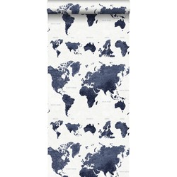 ESTAhome behang vintage wereldkaarten donkerblauw