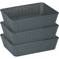 3x Grijze plastic opbergmanden rechthoekig 25 x 19 x 6 cm - Opbergmanden